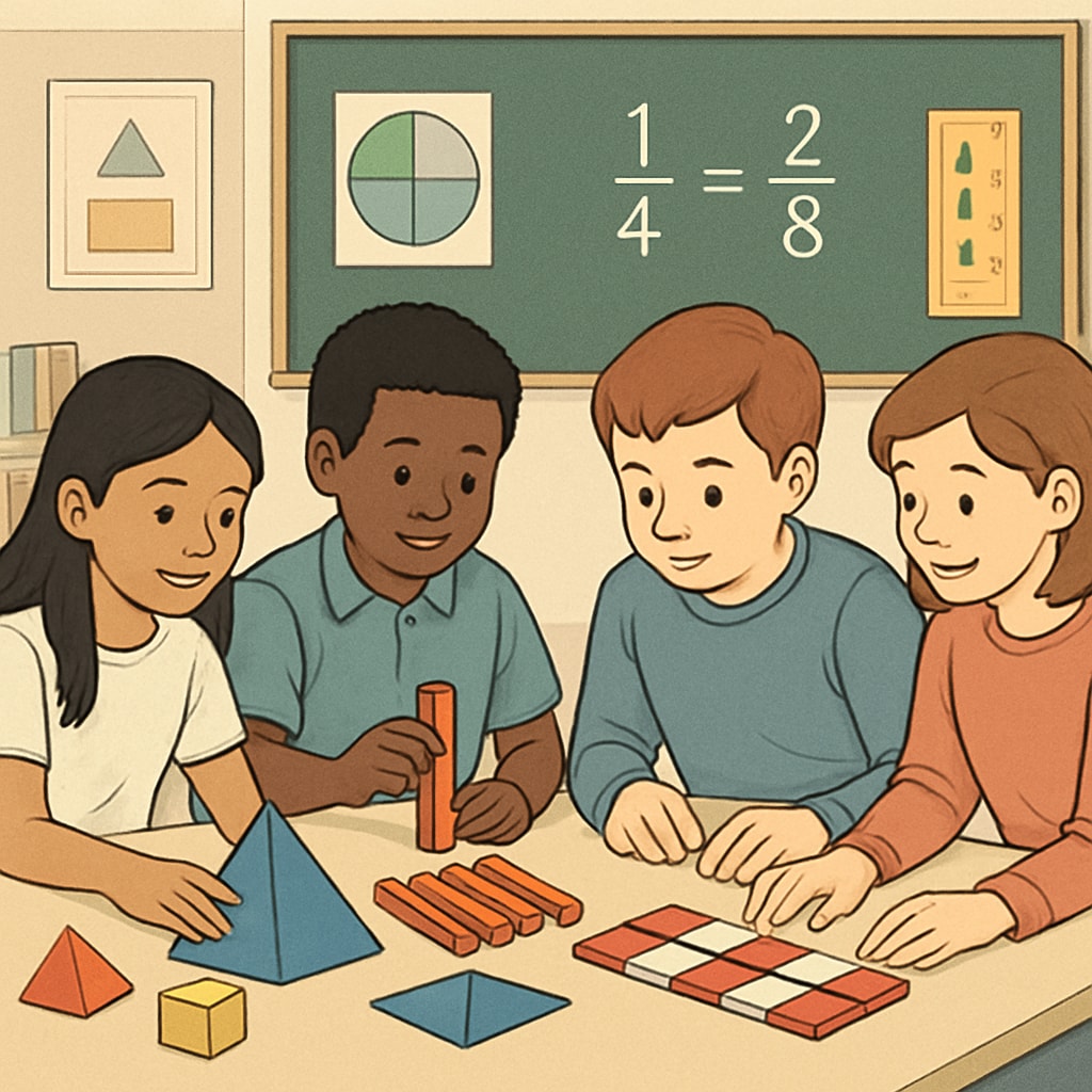 Students collaborating on a hands-on math activity, using physical models to understand abstract concepts. The image portrays engagement and teamwork in learning mathematics. Students in a collaborative math activity using physical tools to visualize concepts.