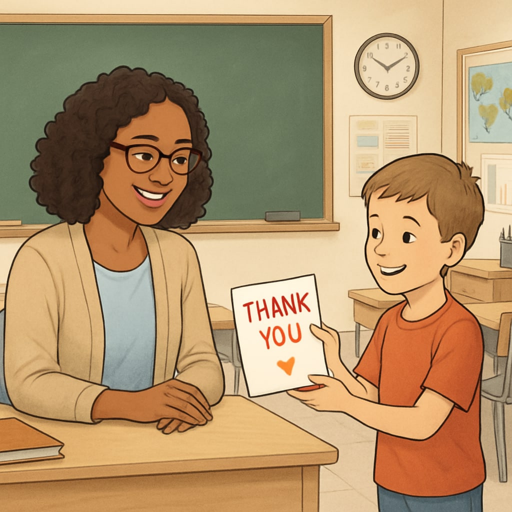 A teacher smiling warmly as a student hands them a thank-you card in a classroom setting. A teacher receiving a thank-you card from a student, highlighting student gratitude and teacher impact.