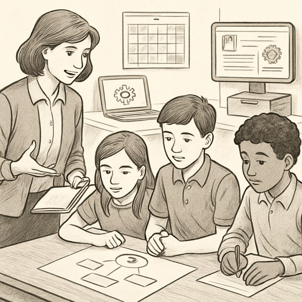 A teacher mentoring students in critical thinking and problem-solving, while AI handles background administrative tasks. Teacher guiding students in critical thinking as AI supports administrative tasks.