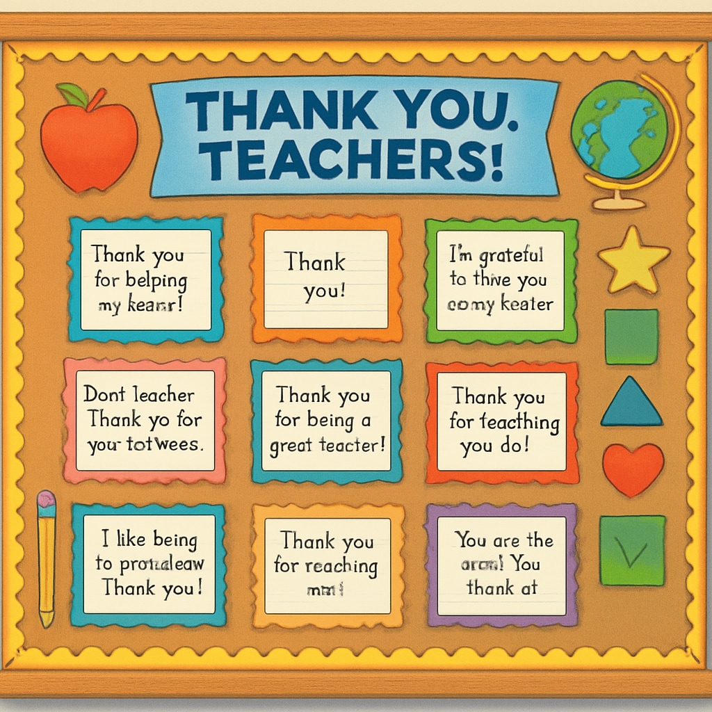 A classroom bulletin board featuring student-written thank-you notes to teachers. A bulletin board showcasing thank-you notes from students, emphasizing teacher-student relationships.