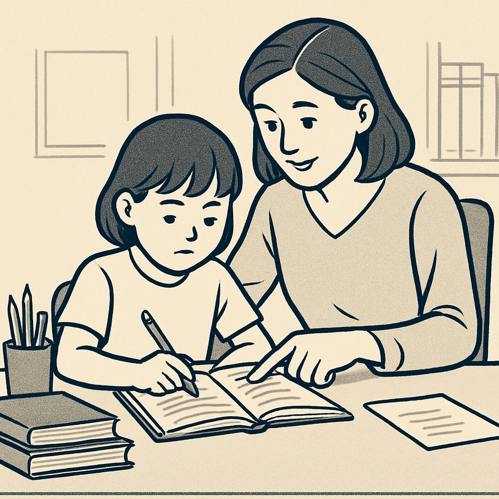 A mother helping her child with ADHD focus on homework, demonstrating parent-child collaboration. Mother assisting a child with ADHD using executive function strategies.