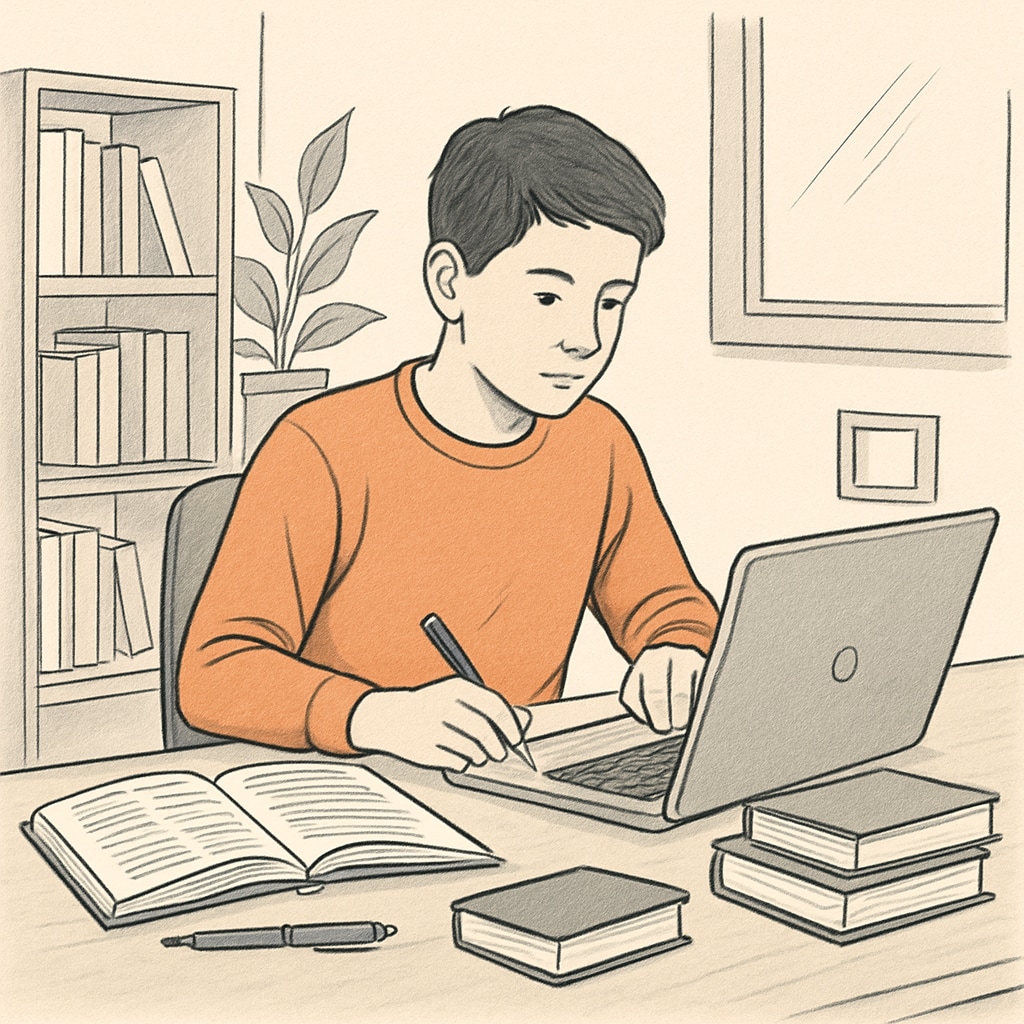 A student studying on a laptop at home, symbolizing remote learning and flexibility. Online high school diplomas and academic recovery symbolized by a student studying remotely.