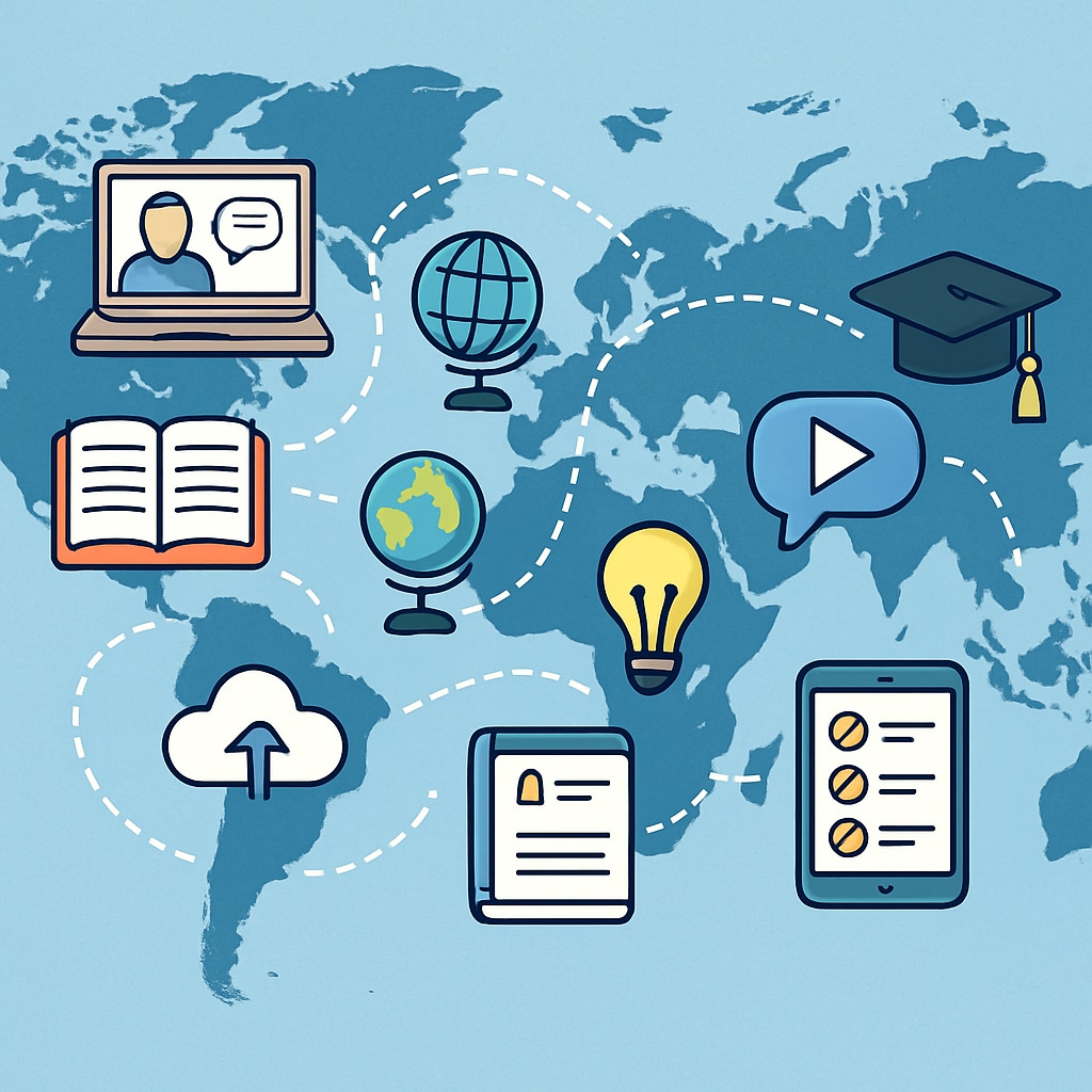 A global map with icons representing virtual learning tools, emphasizing international accessibility. Virtual learning tools for international students pursuing online high school diplomas.