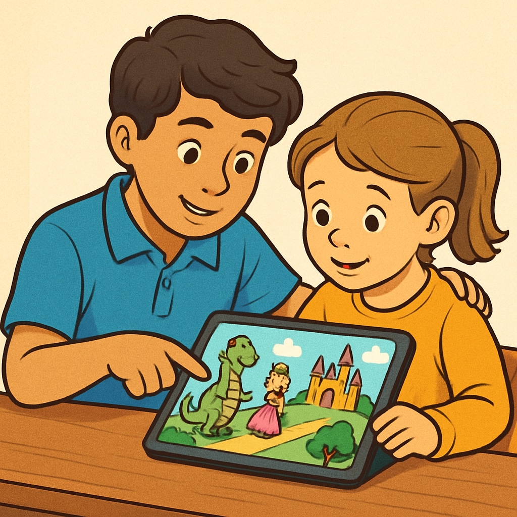An older child and a younger child working together on a tablet, with a colorful animated story displayed on the screen. Older and younger student collaborating on a digital storytelling activity.