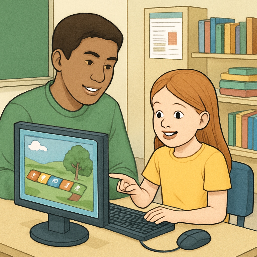A classroom setting where a pair of students—one older and one younger—are seated at a computer, intently focused on a colorful educational game. Kindergarten and fourth-grade students engaged in a computer-based learning game.
