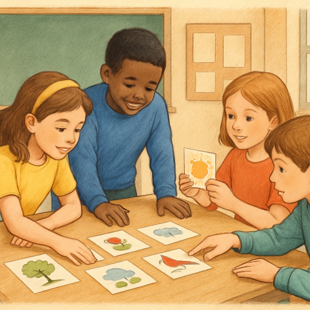 A close-up of children in a classroom working together on a Zoom/ReZoom activity, with illustrated cards spread on the table. Students engaged in Zoom/ReZoom activities, collaborating to find the correct order.