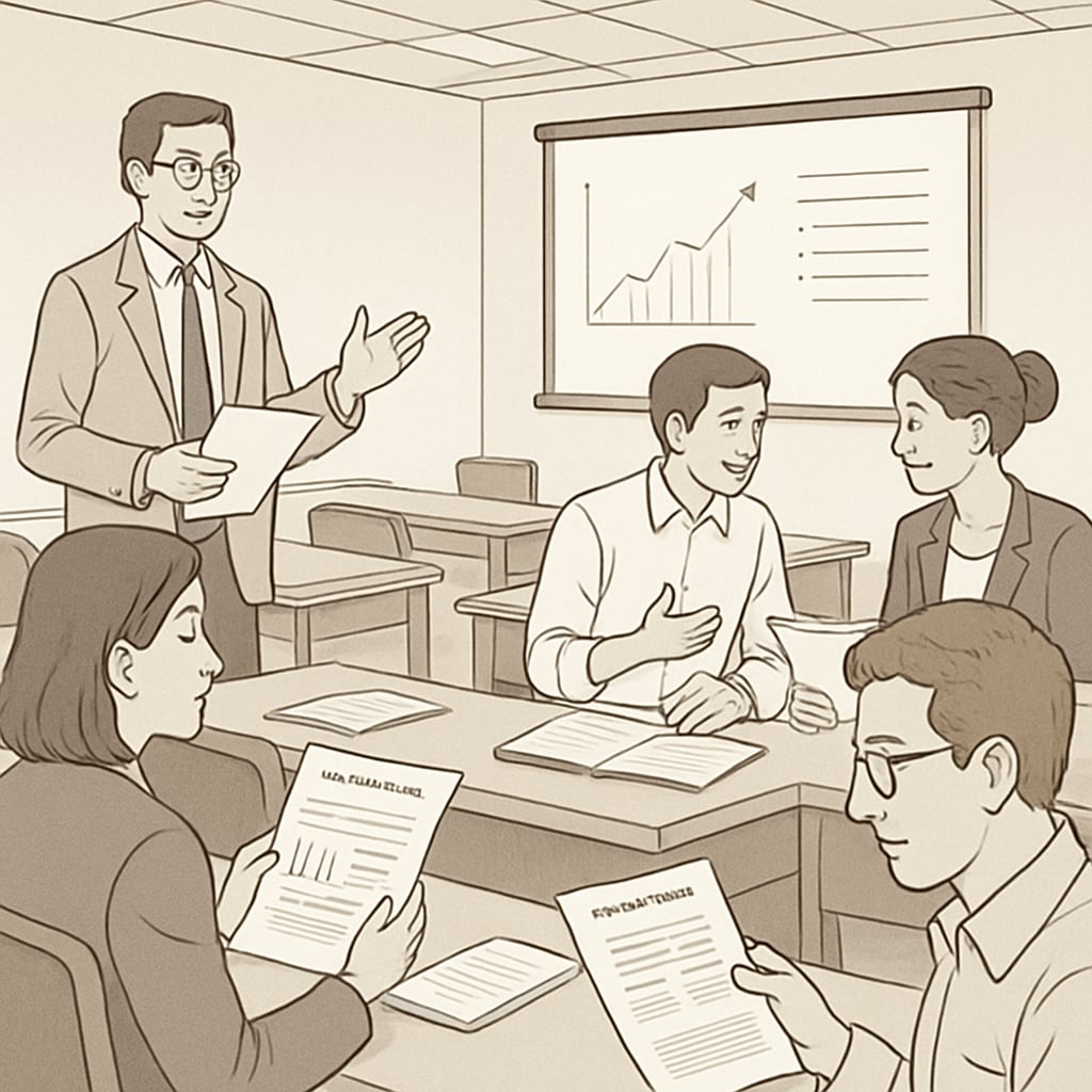 A professional academic conference setting with researchers presenting papers and engaging in discussions. AERA Annual Meeting presentation setting showcasing education research.