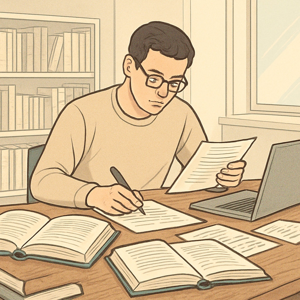 A researcher drafting an academic paper, with books and a laptop, illustrating the submission preparation process. Researcher preparing for AERA submission with papers and laptop.