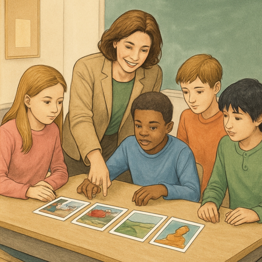 A teacher guiding a group of middle school students as they discuss the sequence of their ReZoom cards. Classroom discussion during a ReZoom activity, emphasizing teamwork and communication.