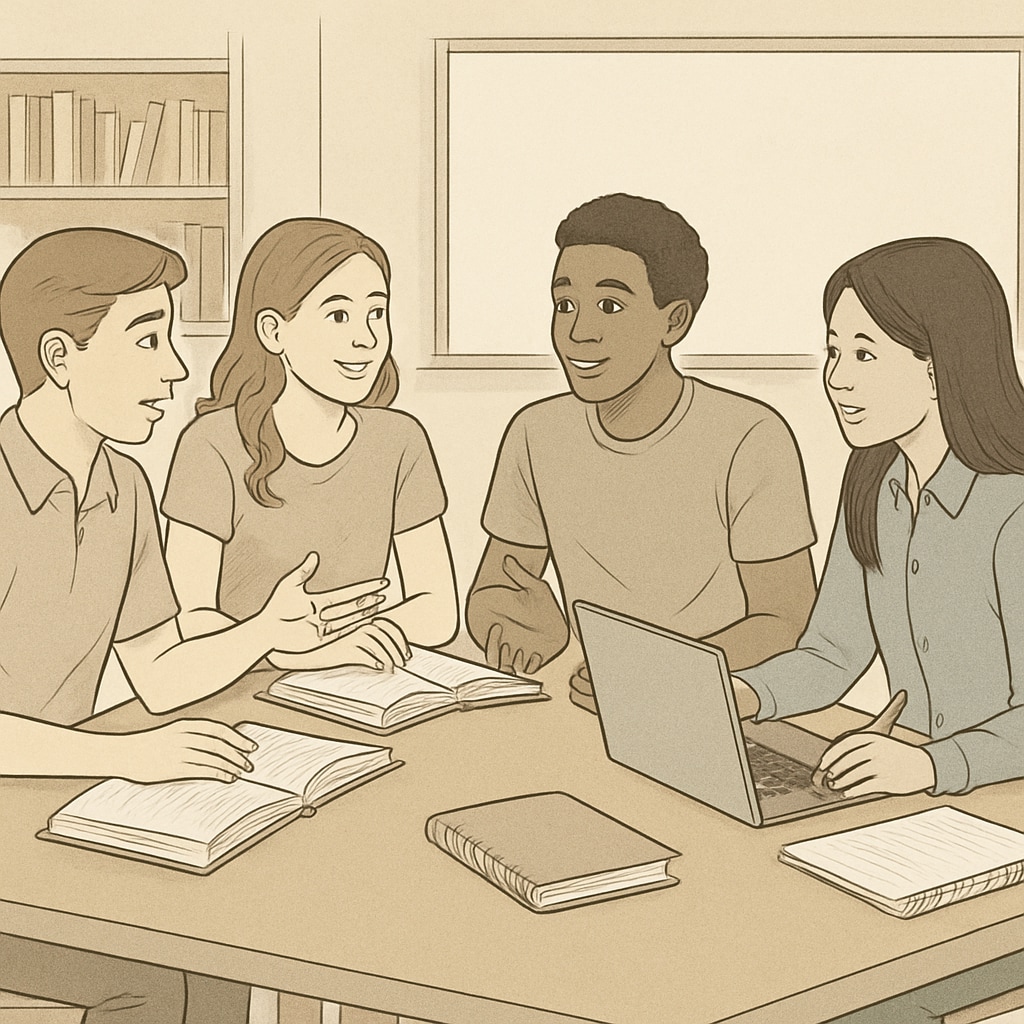 A group of high school students discussing their potential college majors around a table, with books and laptops visible. High school students discussing college major choices with books and laptops.