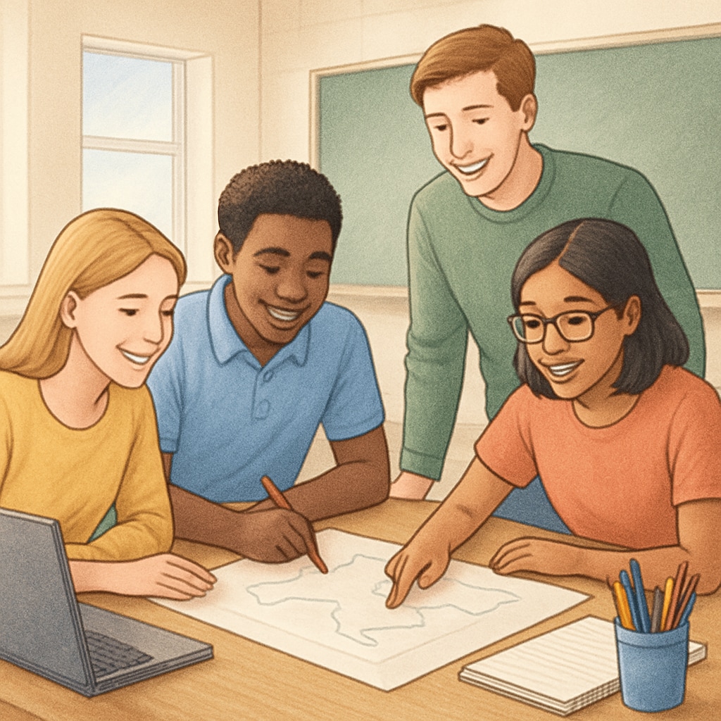 A diverse group of students collaborating on a project, illustrating teamwork and interactive learning. Students collaborating on a project to showcase teamwork in K12 learning methods.