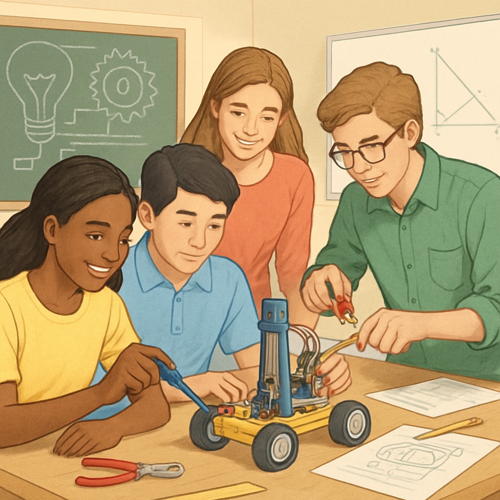 A group of high school students engaged in a hands-on STEM project, illustrating collaborative problem-solving and creativity. Students working on a STEM project related to design engineering careers.