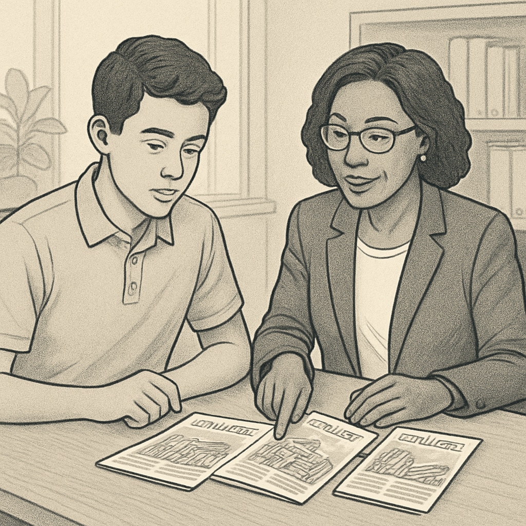 A high school student sitting with a career counselor, reviewing college brochures and discussing their options. A student and counselor reviewing materials for college and career planning.