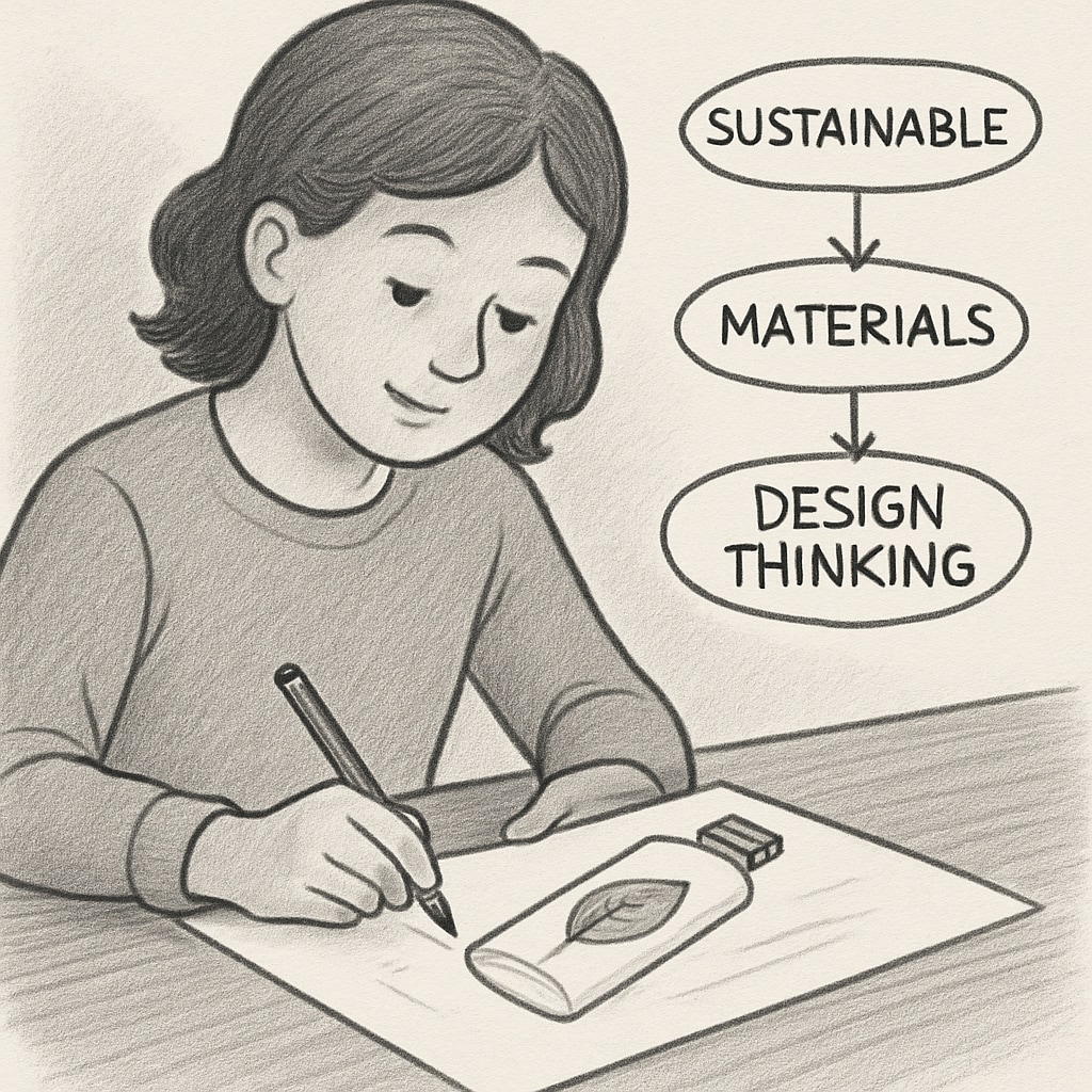A student sketching a sustainable product design concept on paper, showcasing design thinking in action. Student demonstrating design thinking skills for engineering projects.