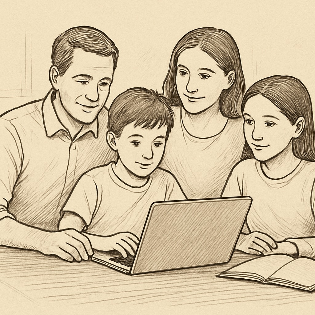 A family sitting together at a table, helping their child with an online school assignment. The image highlights the flexibility of online education for families. Family flexibility with public online schools
