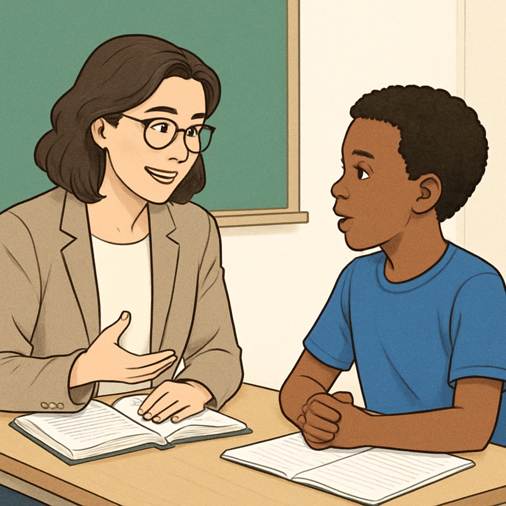 Teacher listening to a student in a classroom setting, fostering trust and connection.