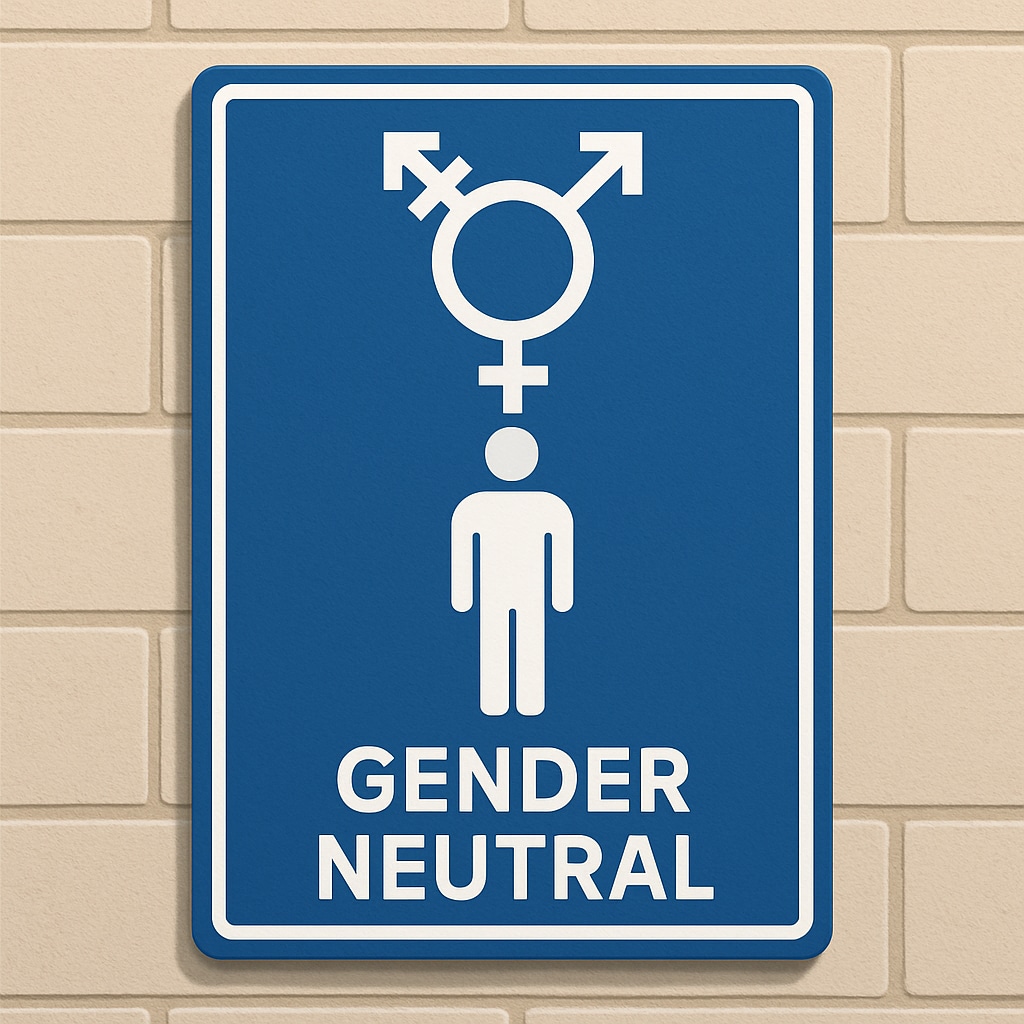 Gender-neutral bathroom sign promoting inclusivity for transgender students.