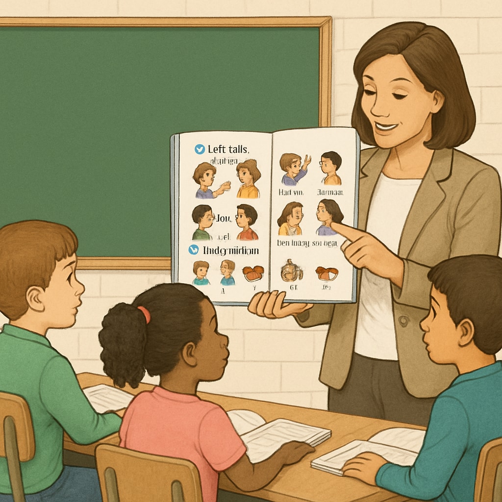 Classroom scene with a teacher using a language textbook for interactive learning.