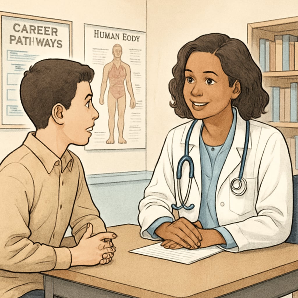 A high school student asking career-related questions to a doctor during a mentoring session. Student participating in a mentoring session with a doctor as part of a medical career exploration program.