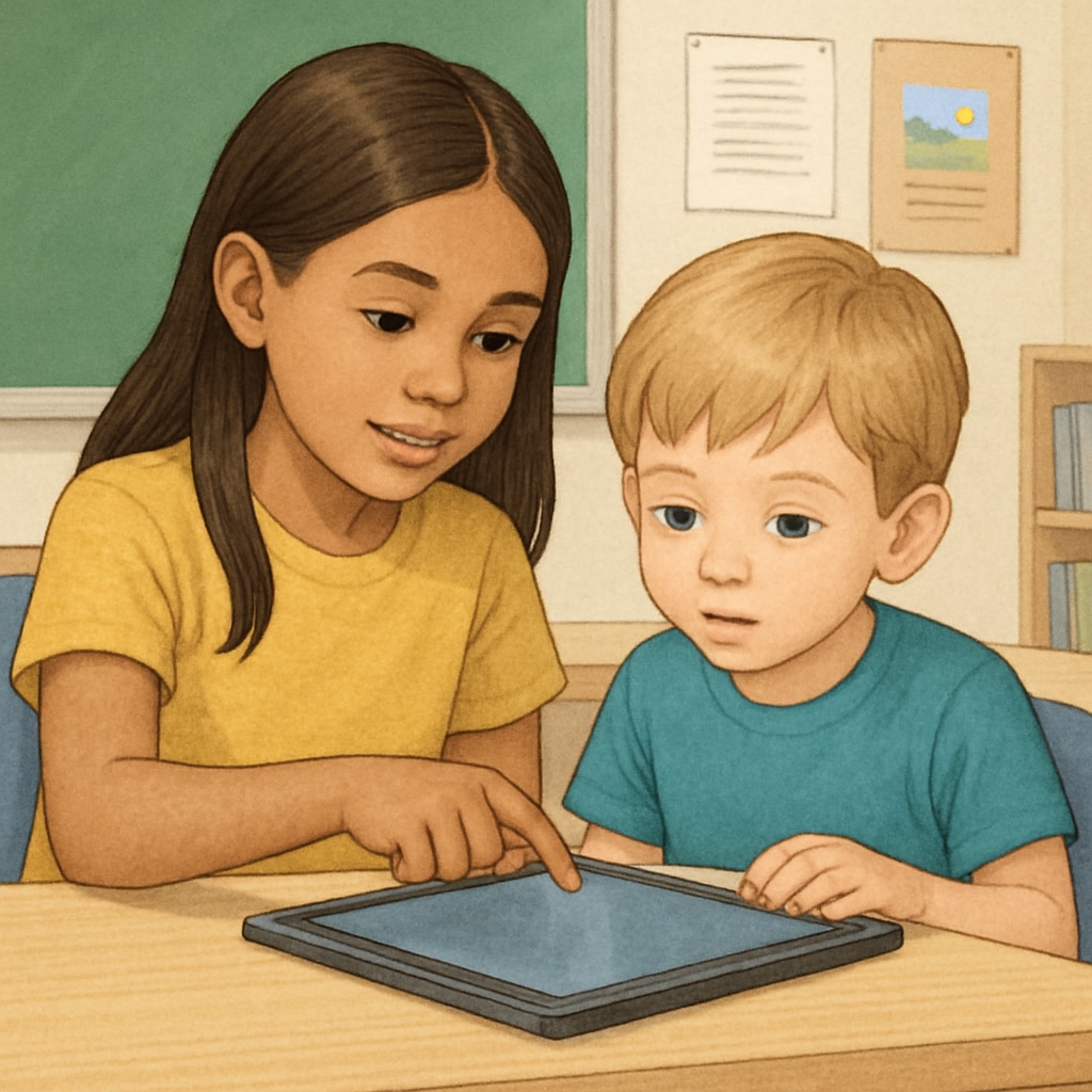 Fourth grader helping a kindergartener with a digital storytelling platform.