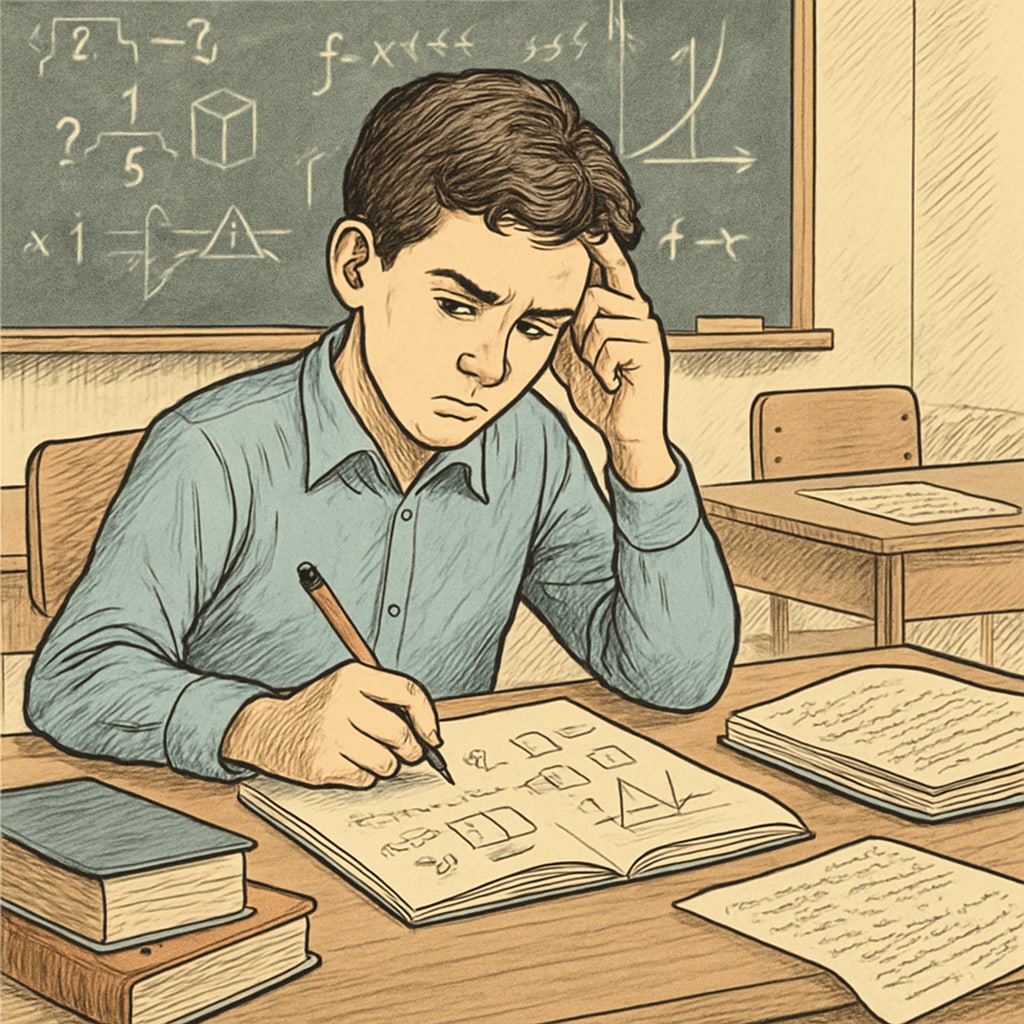 A student demonstrating critical thinking skills by solving a problem without technology.