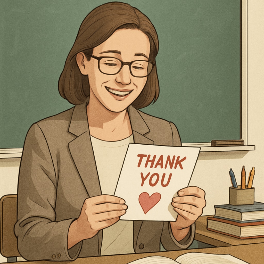 A teacher holding a heartfelt thank-you card from a student, smiling warmly, symbolizing the emotional impact of student gratitude. Teacher receiving a thank-you card from a student, highlighting student gratitude and teacher-student interaction.