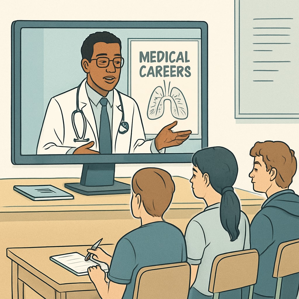 A virtual mentoring session between a doctor and high school students discussing the realities of medical careers. Virtual discussion about medical careers between a doctor and students during a career exploration program.