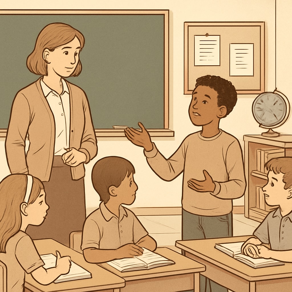 A classroom with a teacher attentively listening to a student sharing their thoughts, showcasing the importance of mutual respect in teacher-student relationships. Teacher actively listening to a student in a classroom, emphasizing mutual respect and positive interaction.