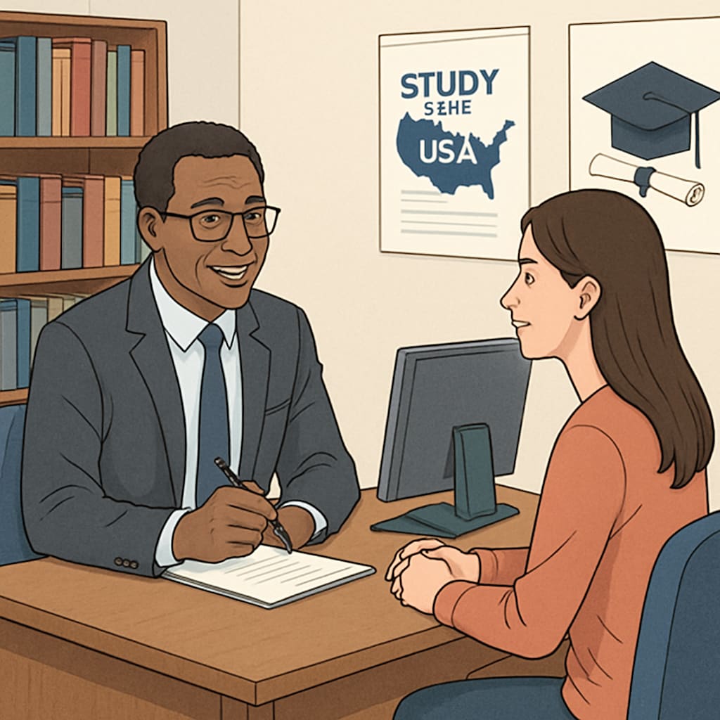 A counselor discussing US university options with a student at an agency office. A counselor helping a student with US master's university applications at a study abroad agency.