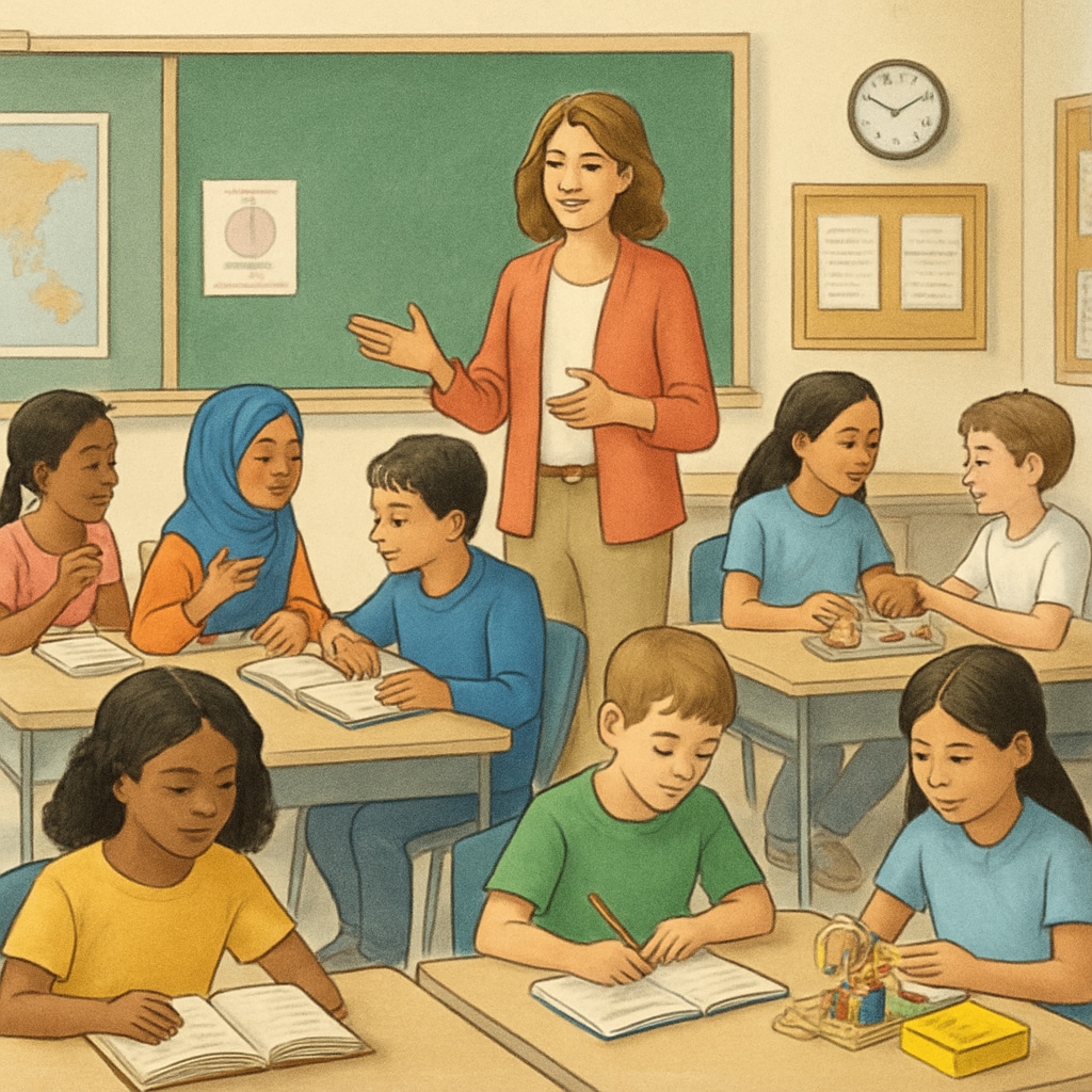 A classroom setting with students engaging in various learning activities, showcasing diverse educational practices. Students in a classroom participating in diverse learning methods, highlighting educational strategies.
