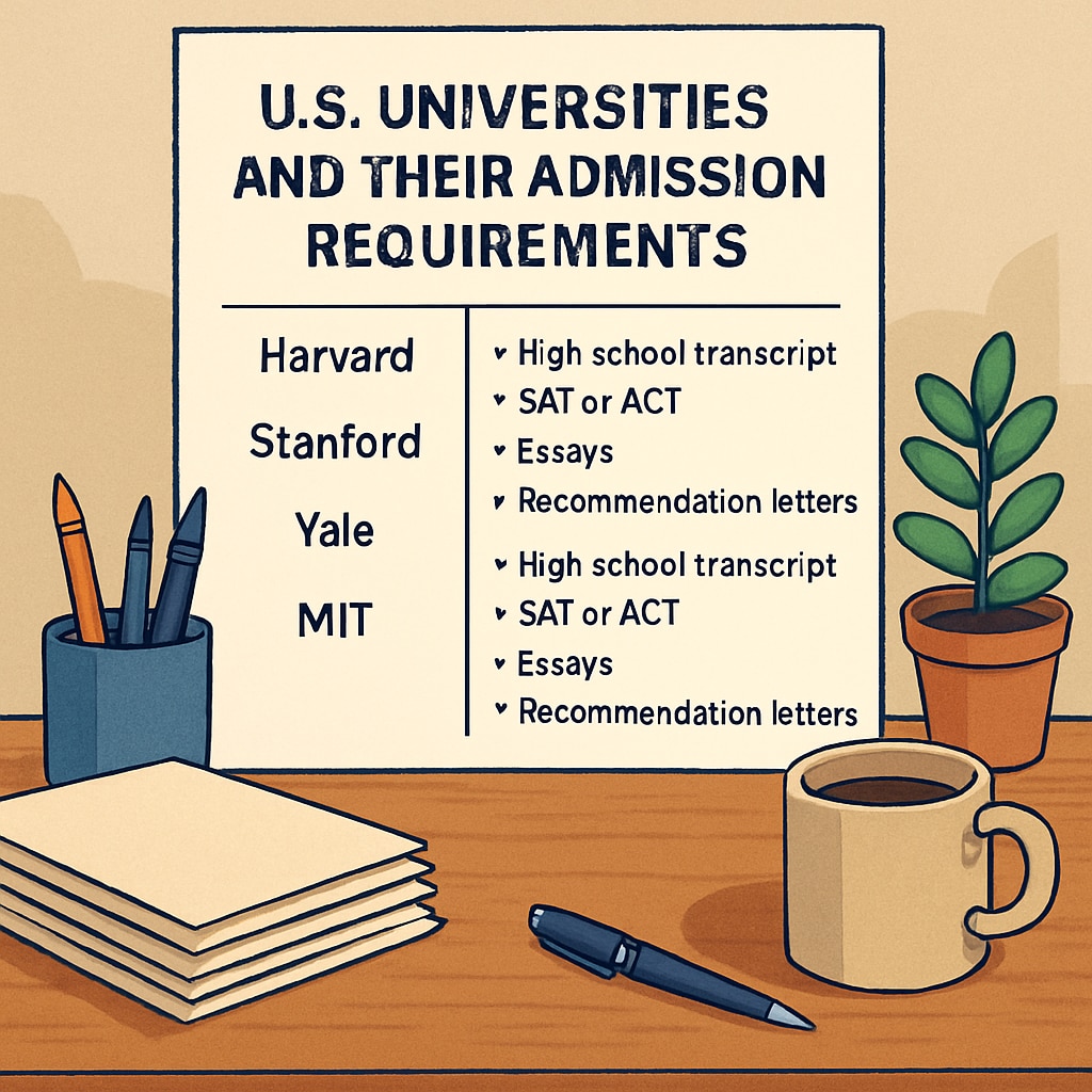 A list of US universities and their admission requirements displayed on a counselor's desk. US university admission requirements shown on a desk during a study abroad counseling session.