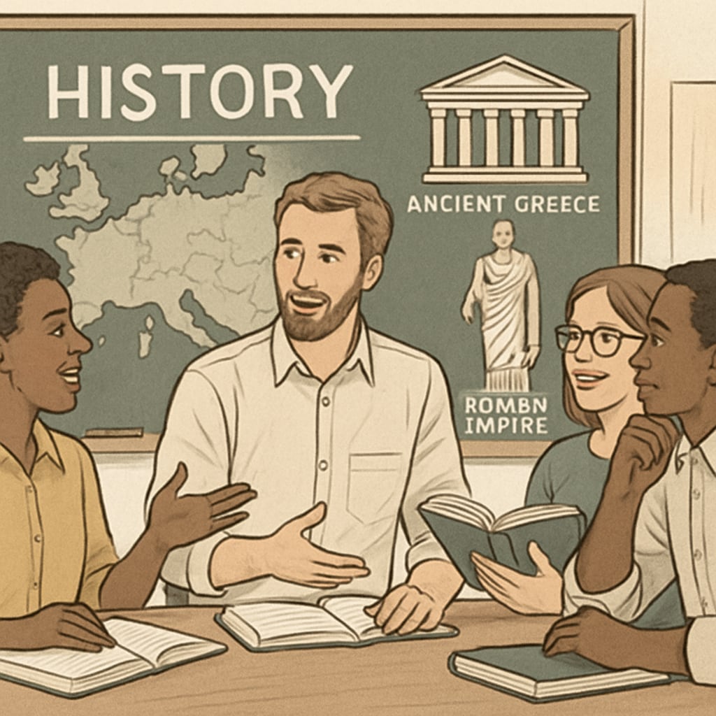 A group of adult learners in a classroom setting, discussing Western history topics. Adult students learning about Western history in New York