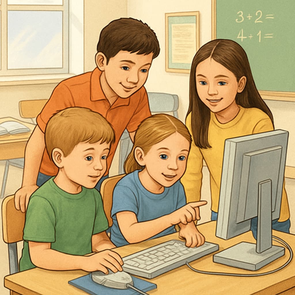 A group of kindergarten and fourth-grade students working together on a computer-based learning project in a classroom setting. Kindergarten and fourth-grade students collaborating on computer-based learning.