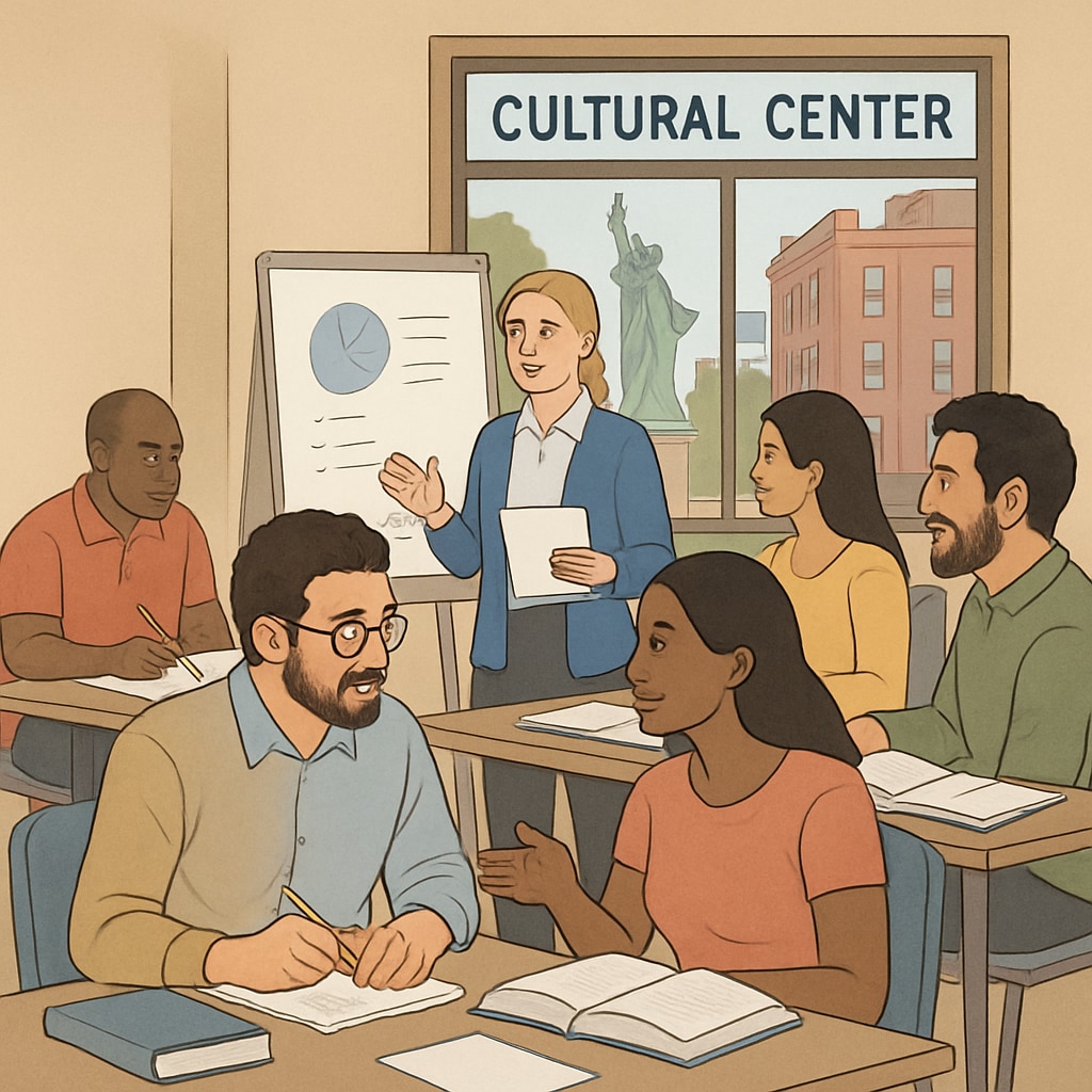 A diverse group of adult students attending a workshop at a cultural center in New York. International students engaged in a cultural adaptation workshop