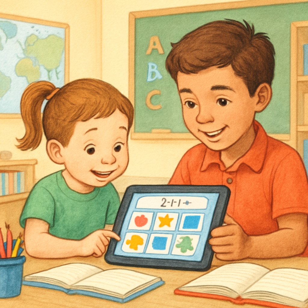 A kindergarten student and a fourth grader sitting together, exploring a colorful educational app on a tablet. Kindergarten and fourth-grade student exploring an educational app on a tablet.