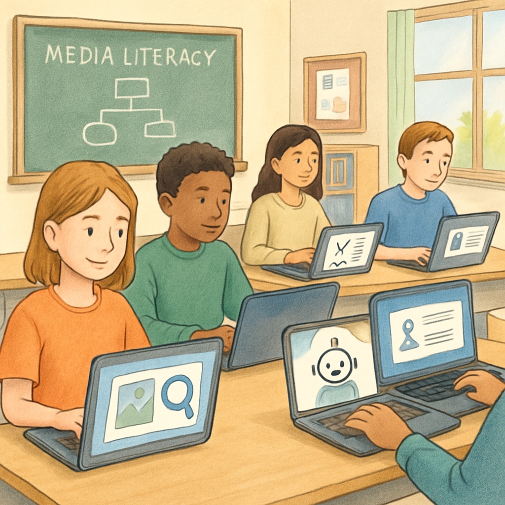 A classroom setting where students are engaging with AI tools on individual laptops to enhance media literacy and critical thinking. High school students using AI tools for media literacy and critical thinking.
