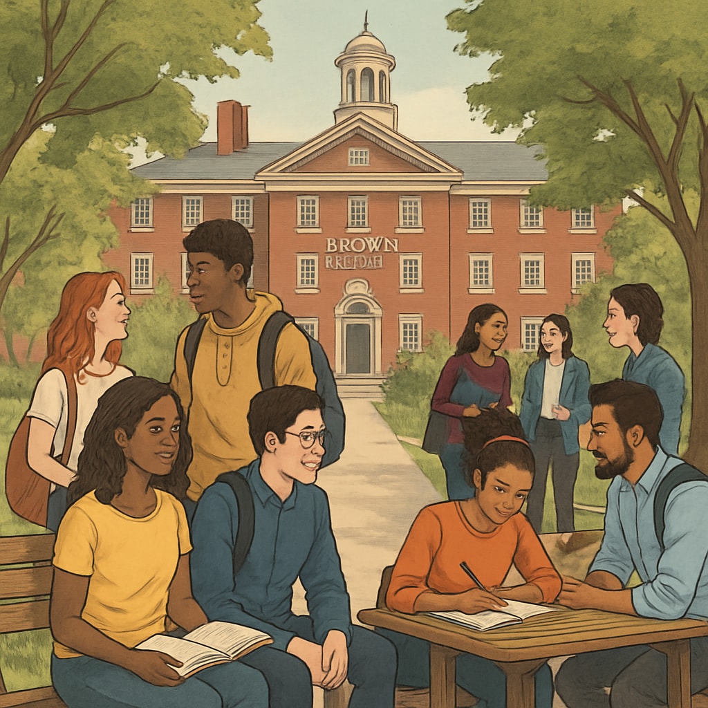 A welcoming campus environment at Brown University, depicting diverse students interacting in a communal area. Brown University campus with diverse students, promoting inclusivity.