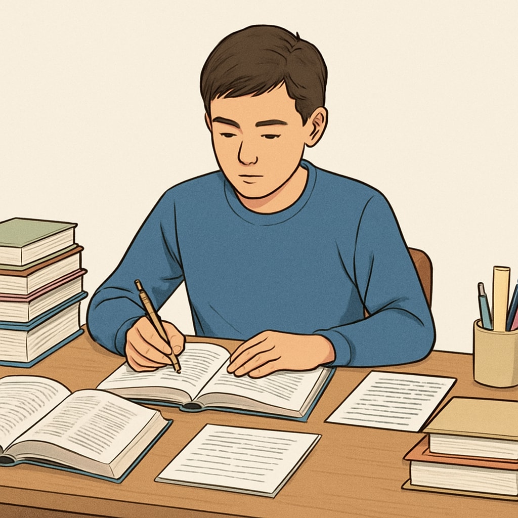 A student sitting at a desk surrounded by books and notes, deeply focused on studying. Student studying with books and notes, symbolizing research survey on learning methods.