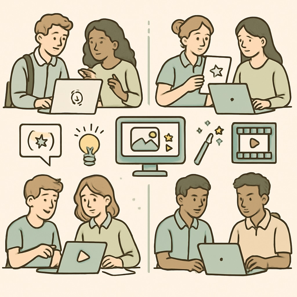 High school students collaborating in small groups, using AI-generated prompts to create media projects. Students working on AI-generated writing prompts in a group setting.