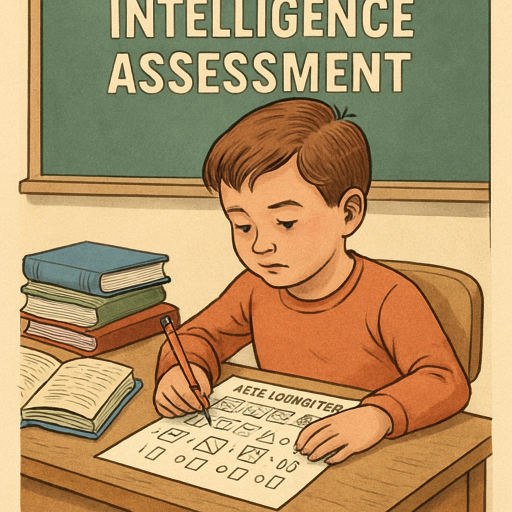 Child undergoing an intelligence assessment test in a classroom.