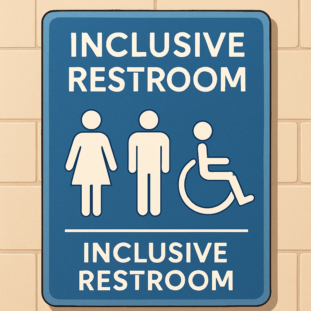 An inclusive restroom sign at a university campus, symbolizing gender-neutral facilities. Gender-neutral restroom sign at a university campus, promoting inclusivity for transgender students.