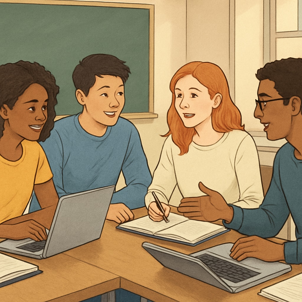 A diverse group of students collaborating on a project with laptops and notebooks. Group of students working together, representing teamwork in learning methods.