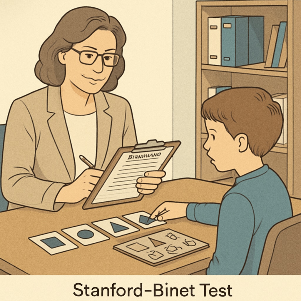 Psychologist conducting Stanford-Binet test for child talent assessment.