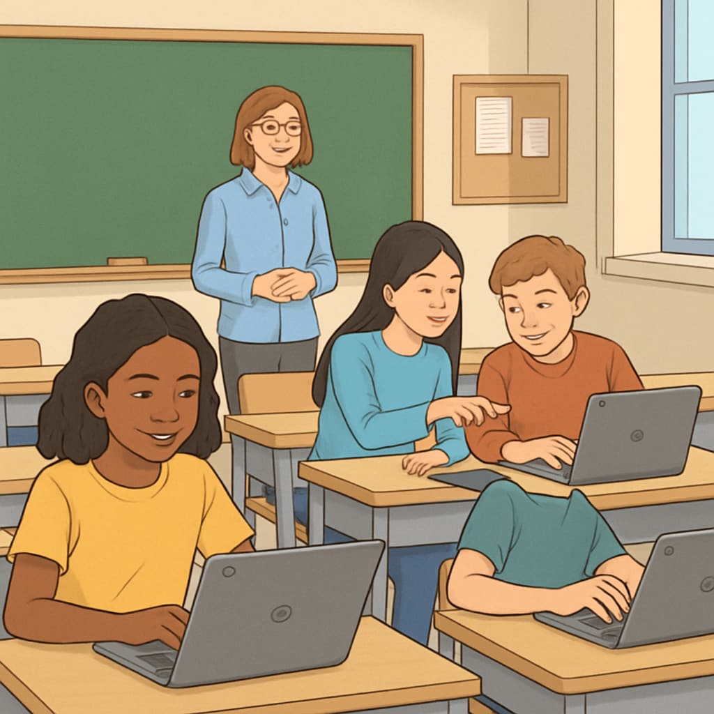 A classroom scene with students working on Chromebooks, representing educational technology in action. Students using Chromebooks in a classroom, integrating education technology into learning.