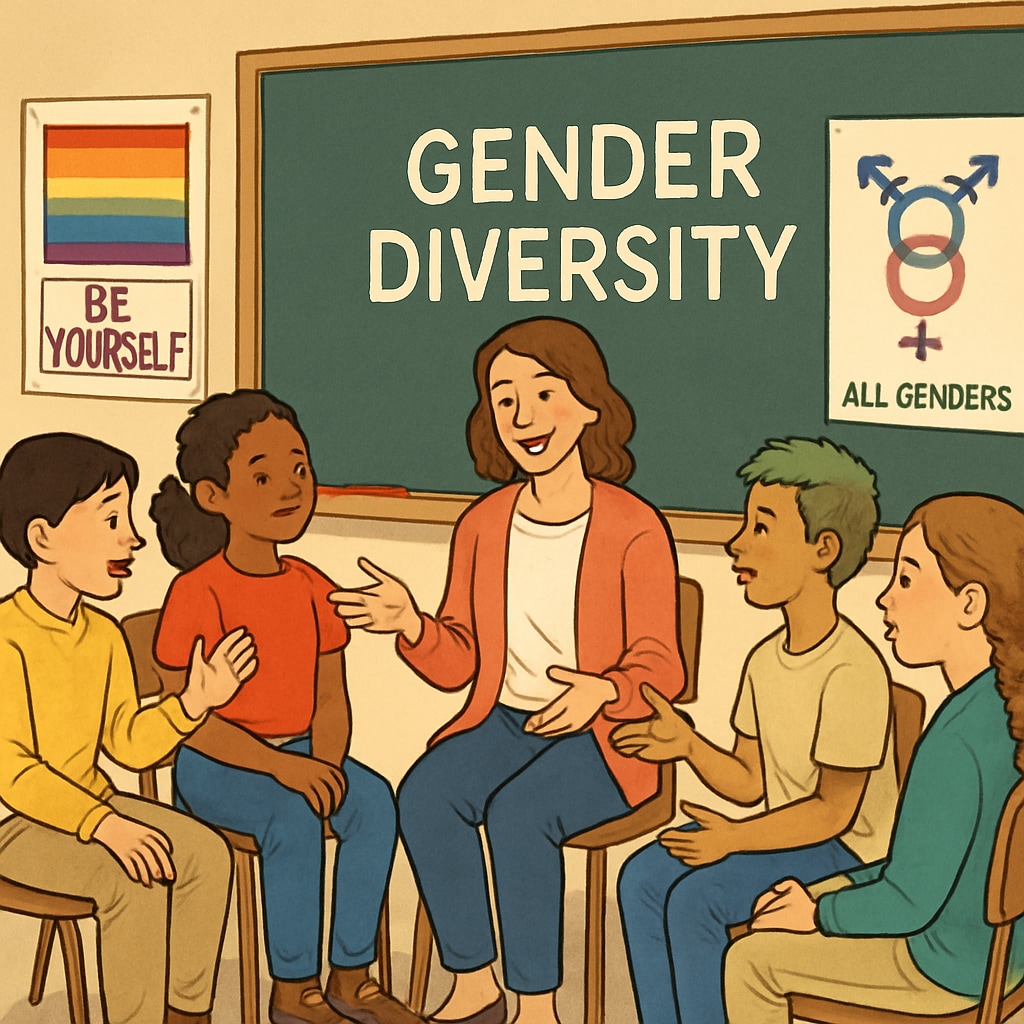 Students discussing gender diversity in a classroom setting.