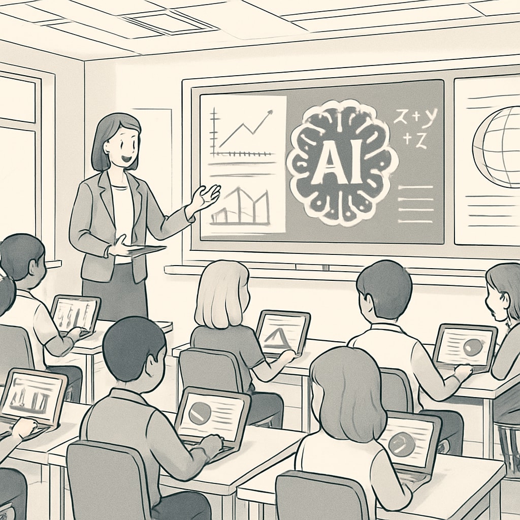 A futuristic classroom featuring AI-powered interactive screens and students using personalized learning devices. AI-powered classroom showcasing personalized learning tools for students.