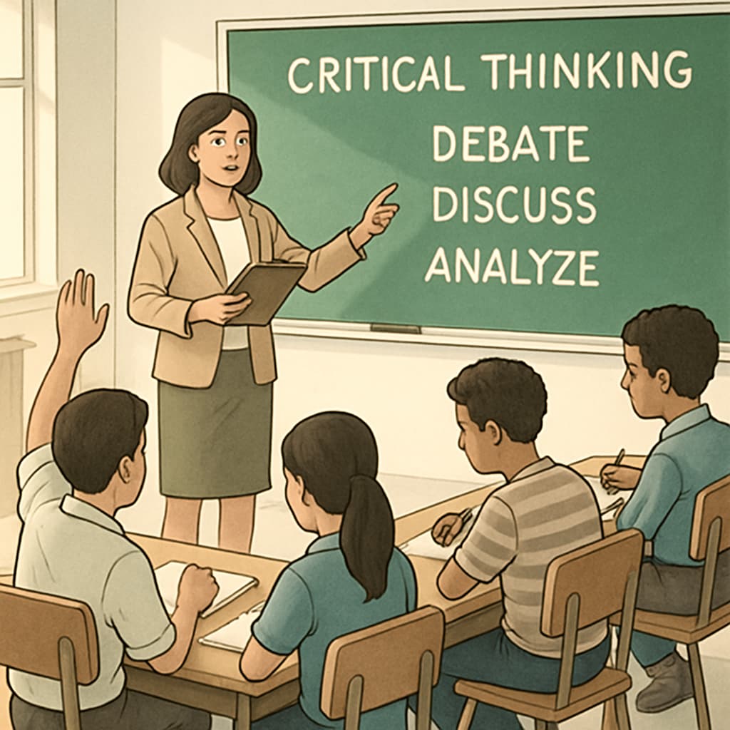 A teacher leading a debate or discussion, emphasizing critical thinking development in education. A teacher engaging students in discussion to promote critical thinking alongside Chromebooks.