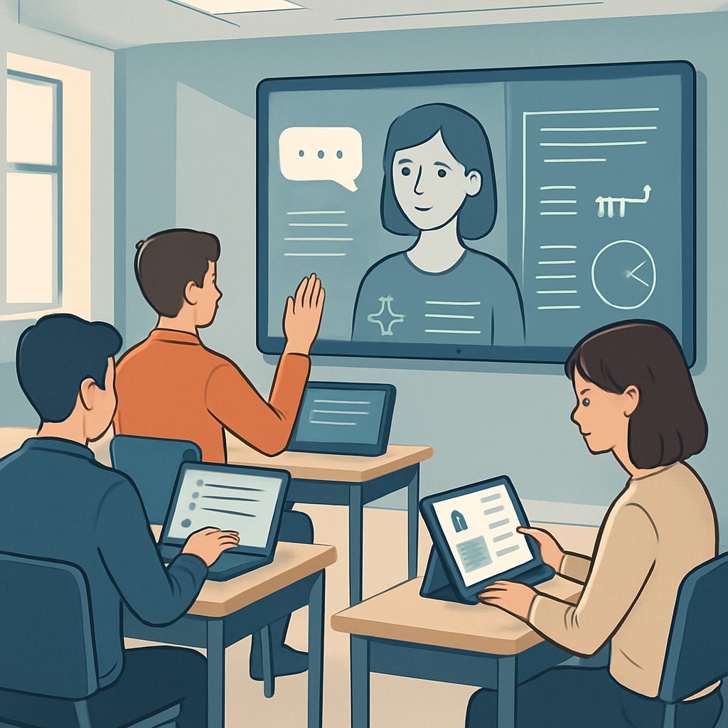 Students interacting with AI-driven virtual tutors in a modern classroom setting. Students using AI-driven virtual tutors in a K12 education environment.