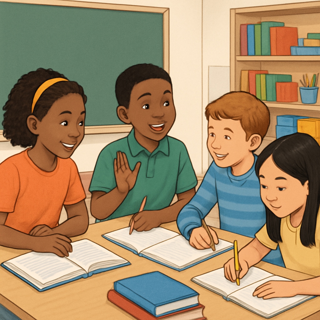 A group of K-12 students working together in an inclusive school environment.