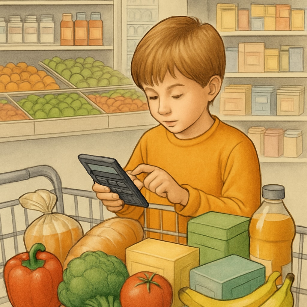 A child using math to calculate a grocery bill.